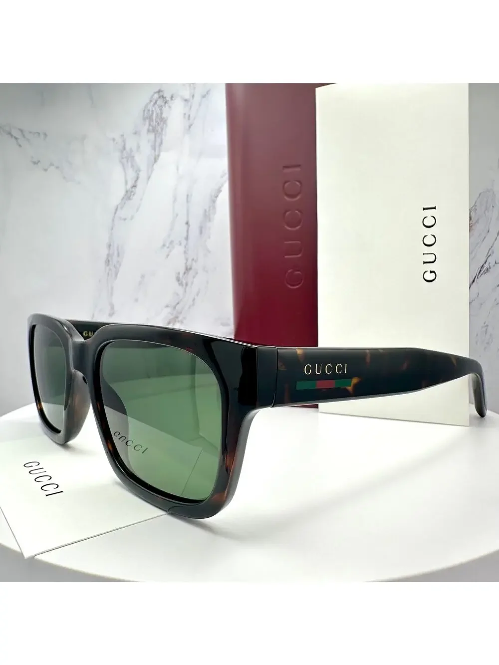 New GUCCI Sunglasses Brown Gold Red Green Web 55-20-145 mm Mens Square Gucci
